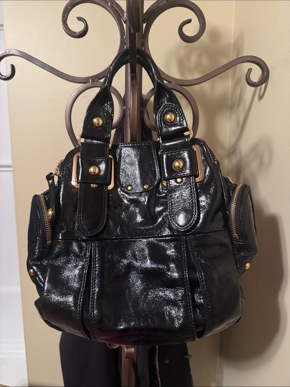 Hype Black Patent Shoulder Bag with Gold Hardware